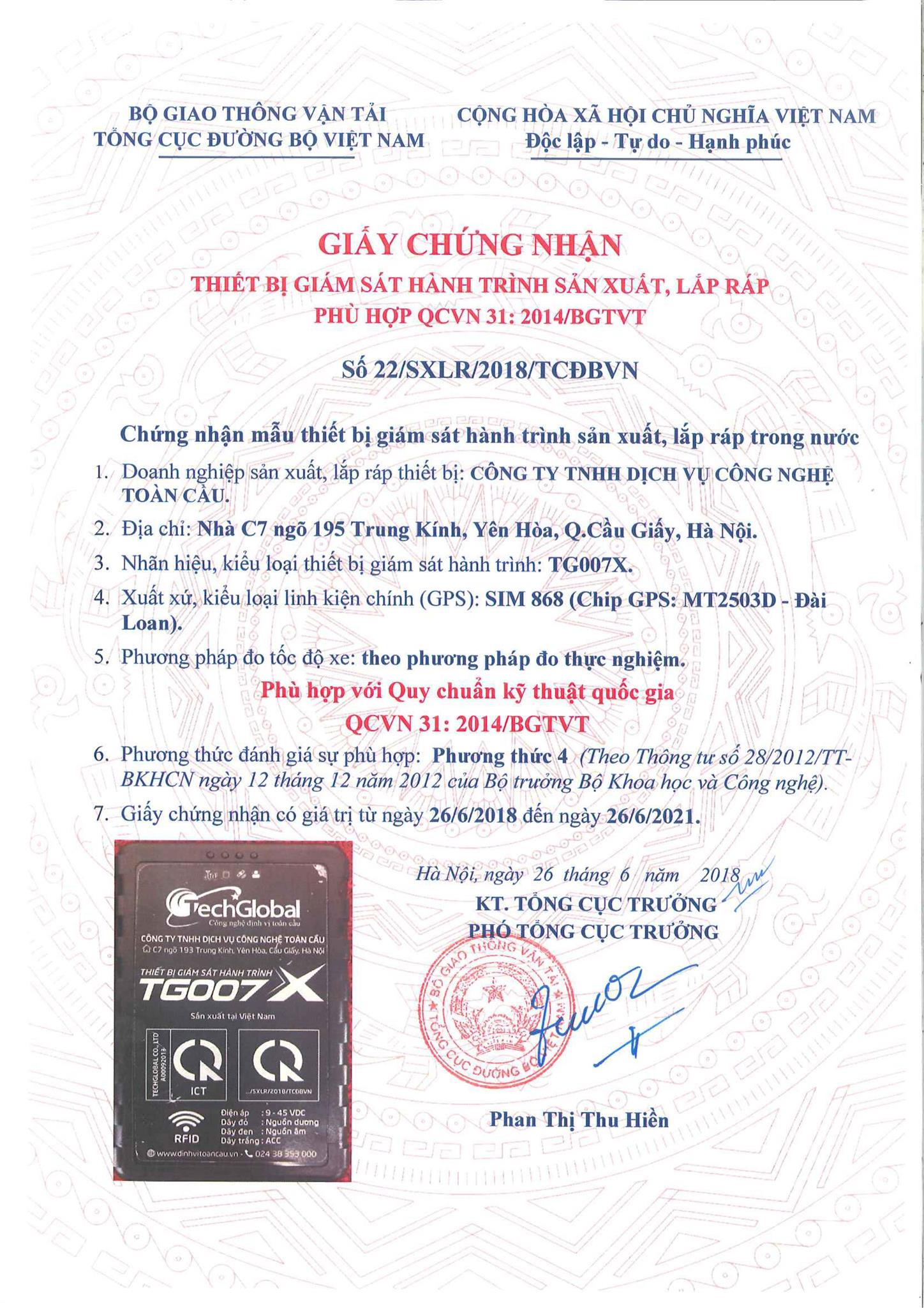 Giấy chứng nhận hợp chuẩn của TG007X