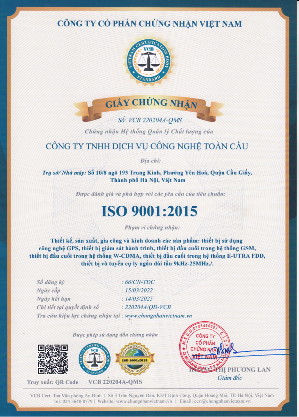 Chứng nhận ISO 9001:2015 của Công ty TechGlobal