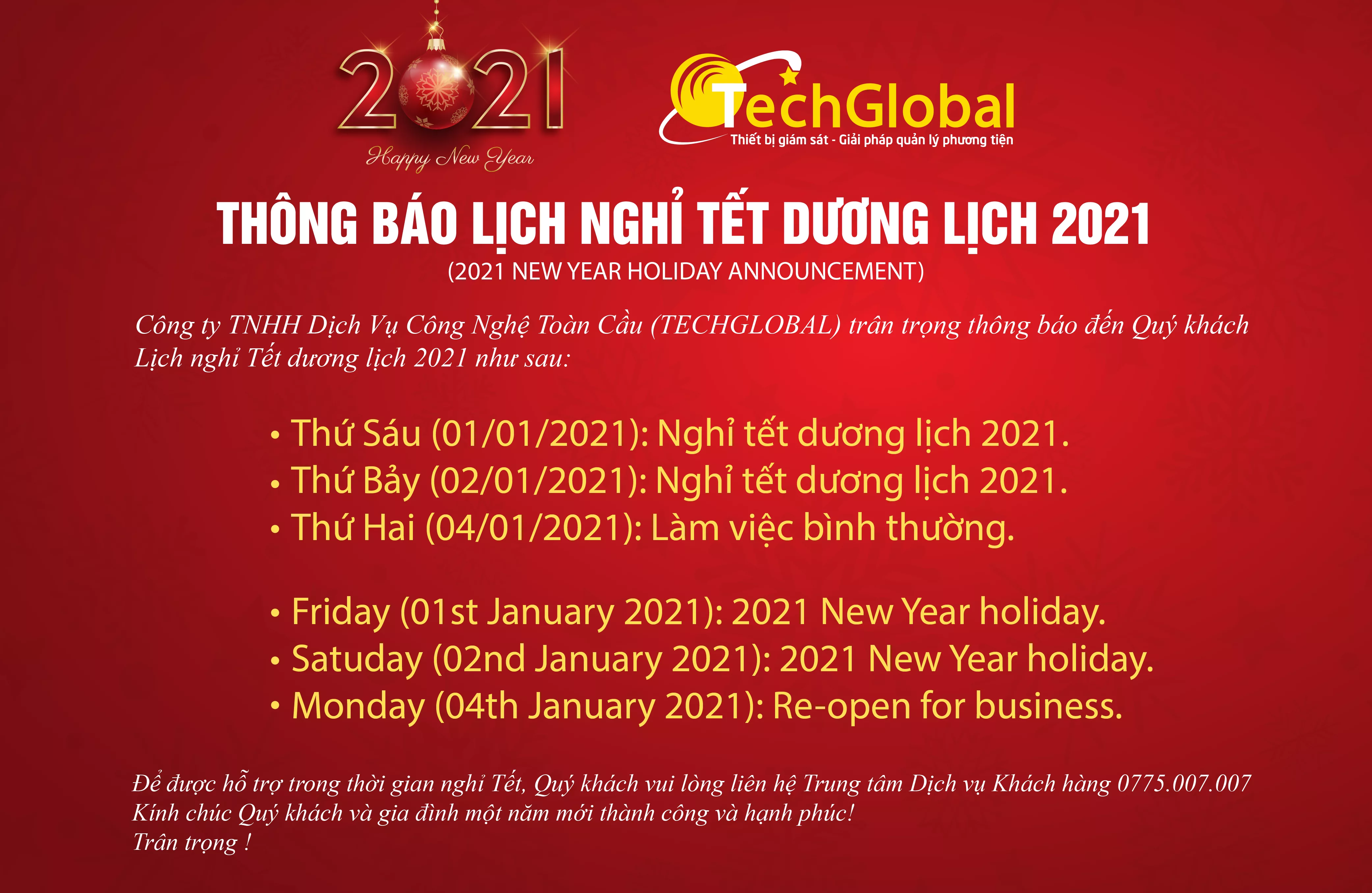TECHGLOBAL TRÂN TRỌNG THÔNG BÁO LỊCH NGHỈ TẾT DƯƠNG LỊCH 2021