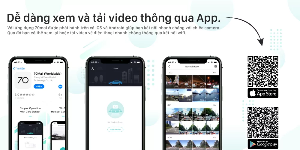 Xiaomi 70mai A500S có wifi hỗ trợ xem qua app tiện lợi