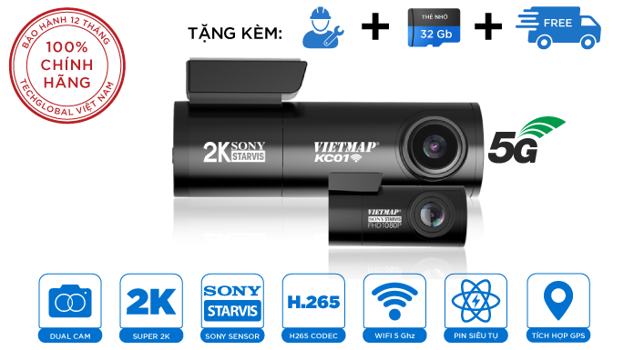 Camera Hành Trình Vietmap KC01 Siêu Nhỏ Ghi Hình 2 Mắt Trước Sau - Có Wifi - Cảm Biến Sony