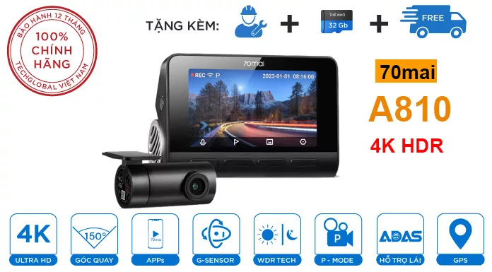 Camera hành trình 70mai A810 Ghi Hình 4K Cao Cấp