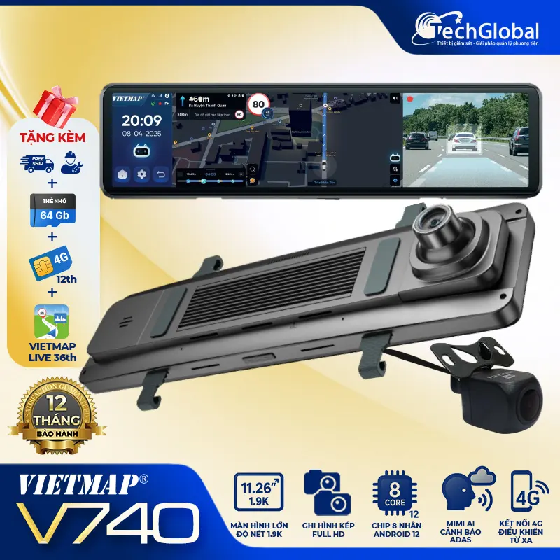 Camera hành trình gương Vietmap V740 ghi hình trước sau, Chip 8 Nhân