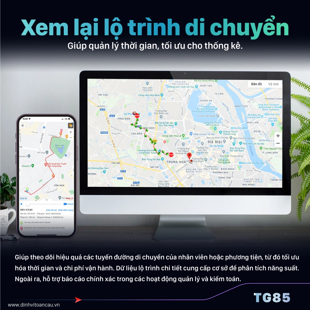 Bạn có thể dễ dàng xem lại lịch trình di chuyển của xe qua ứng dụng kết nối với Định Vị 4G TG85