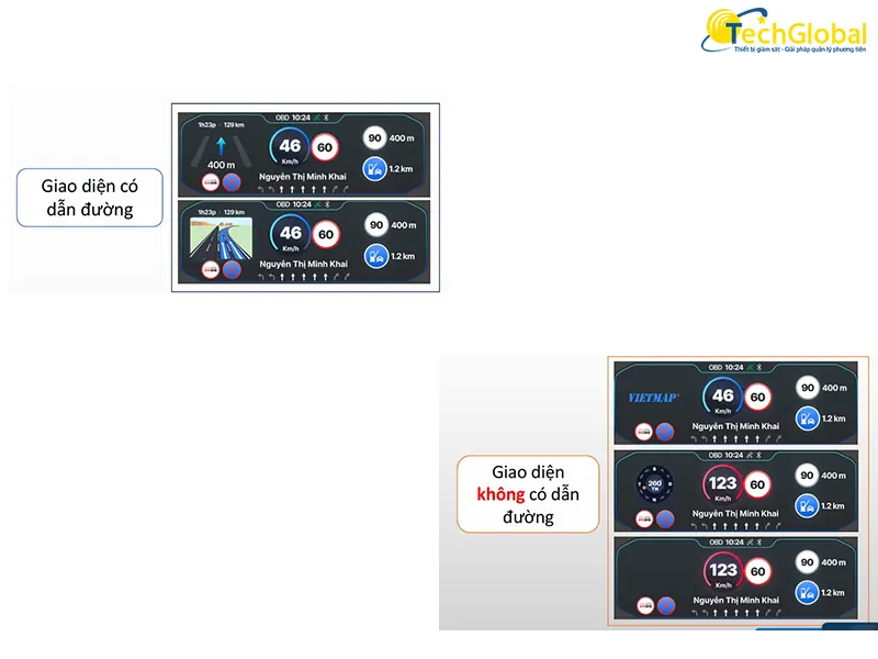 Giao diện khi bật dẫn đường và cảnh báo trên màn HUD Vietmap H50