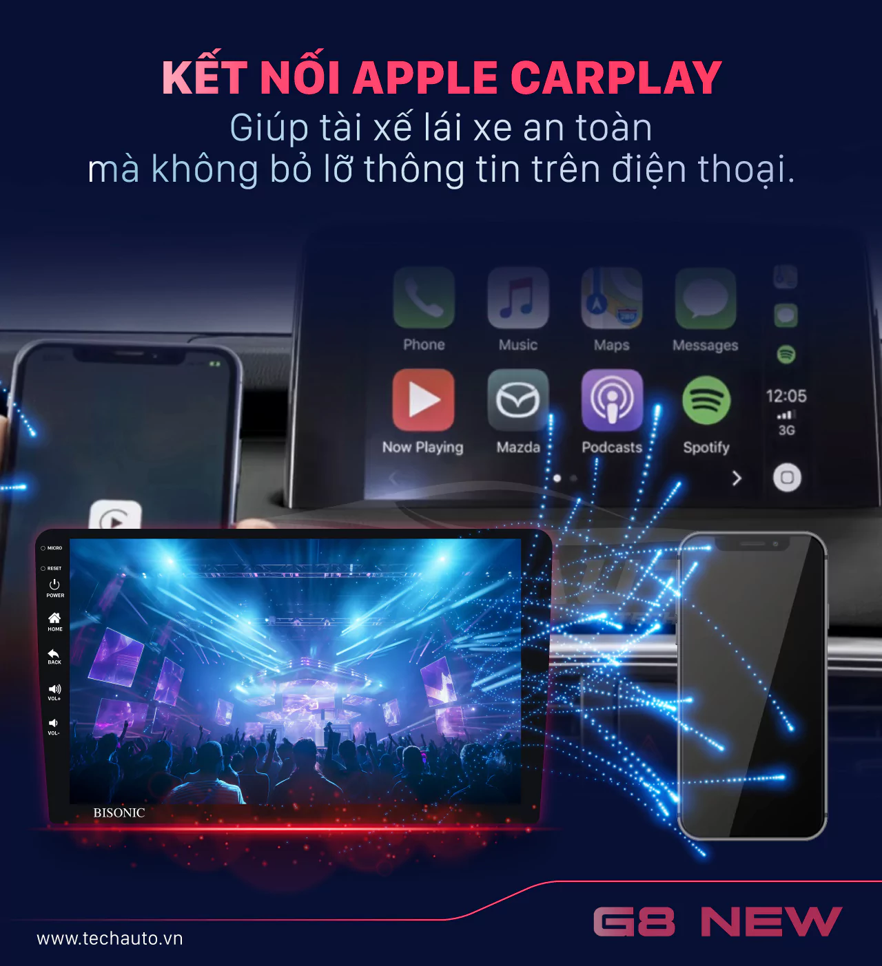 Bisonic G8 New hỗ trợ kết nối Apple CarPlay không dây