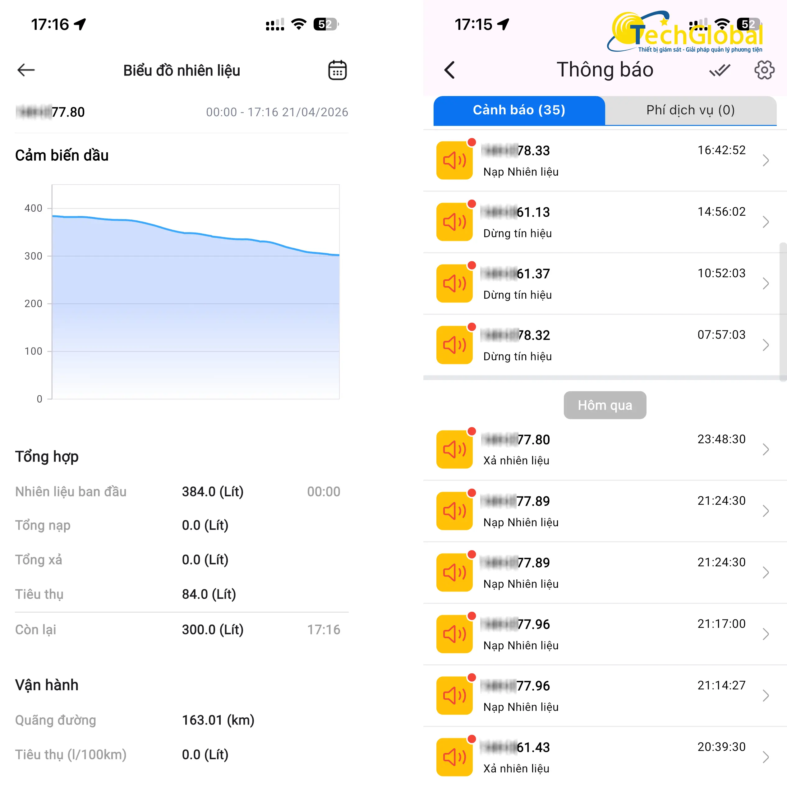 Cảnh báo nhiên liệu qua app cho nhà quản lý dễ dàng nắm bắt