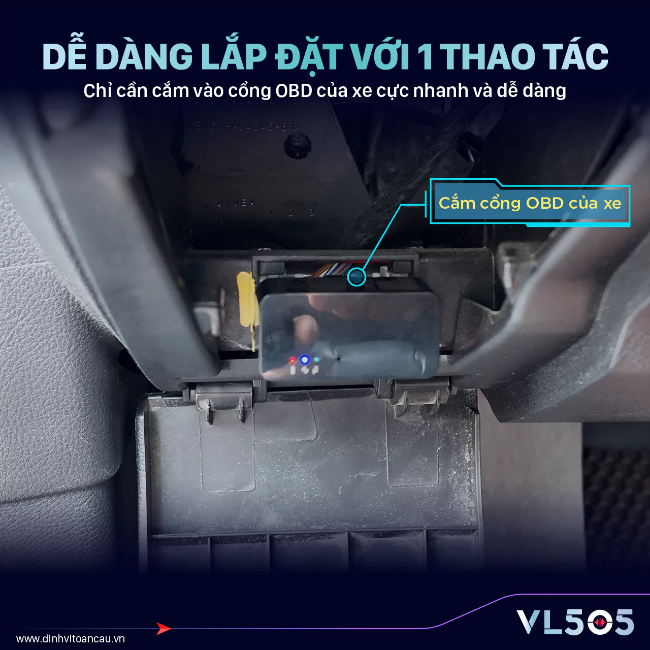 Một điểm nổi bật của Định Vị Ô Tô VL505 chính là cổng kết nối OBD-II