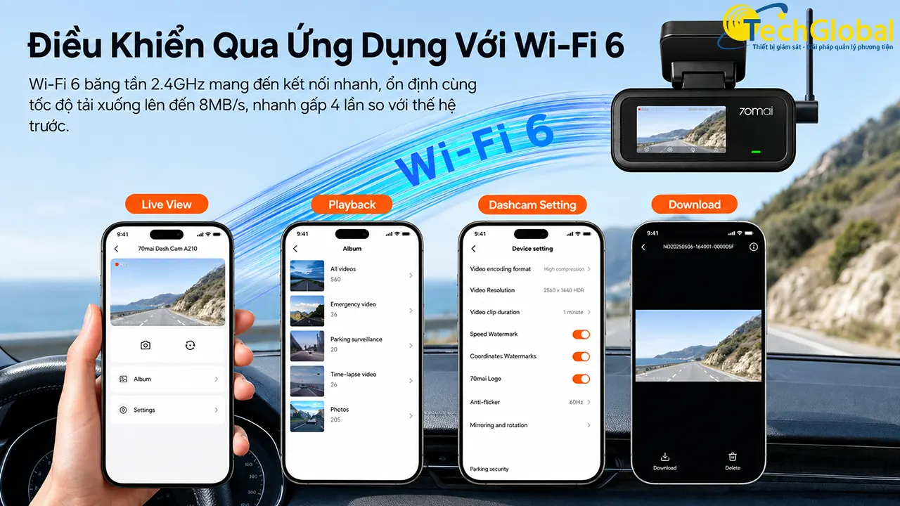 Camera 70mai A210 có thể điều khiển dễ dàng qua điện thoại