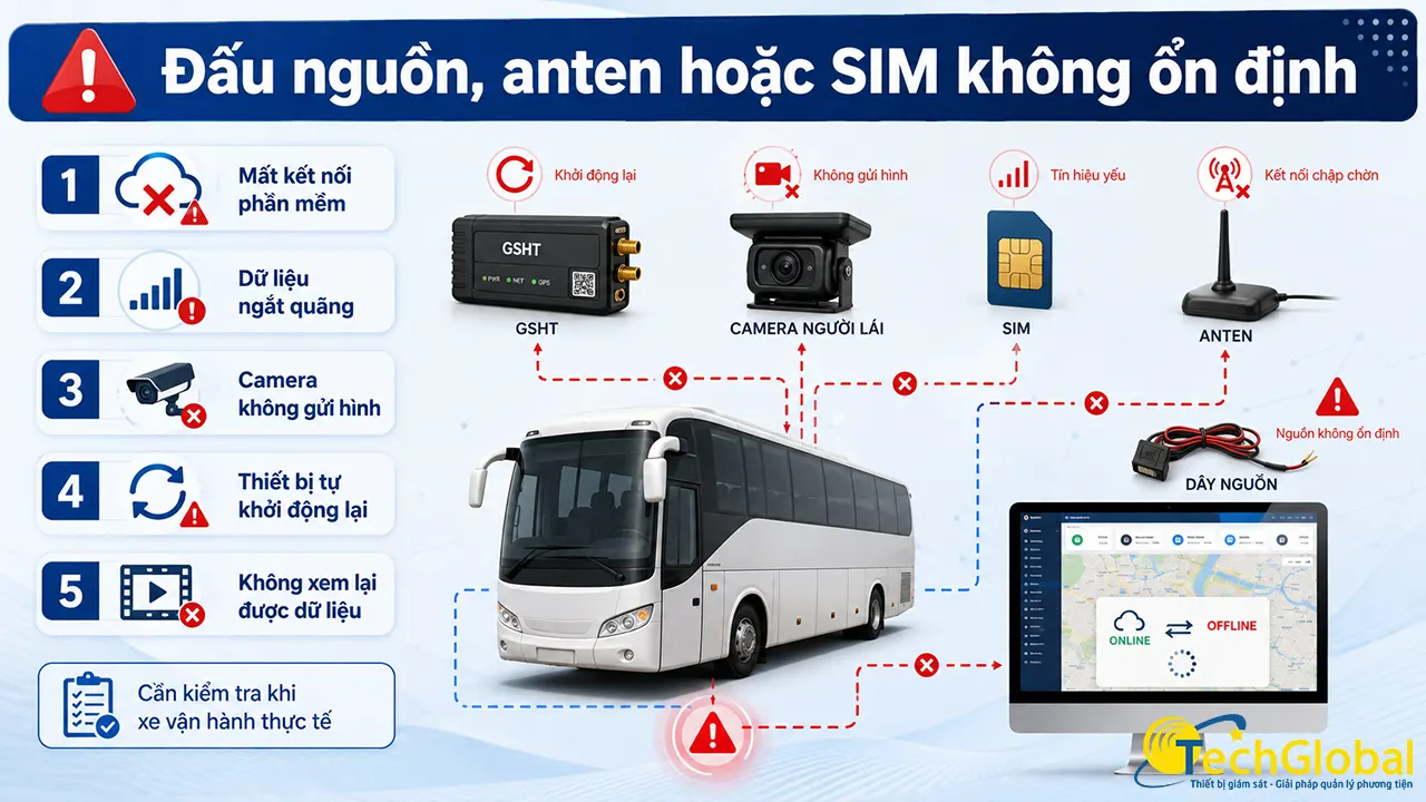 Đấu nguồn, anten hoặc SIM không ổn định khiến GSHT, camera không hoạt động