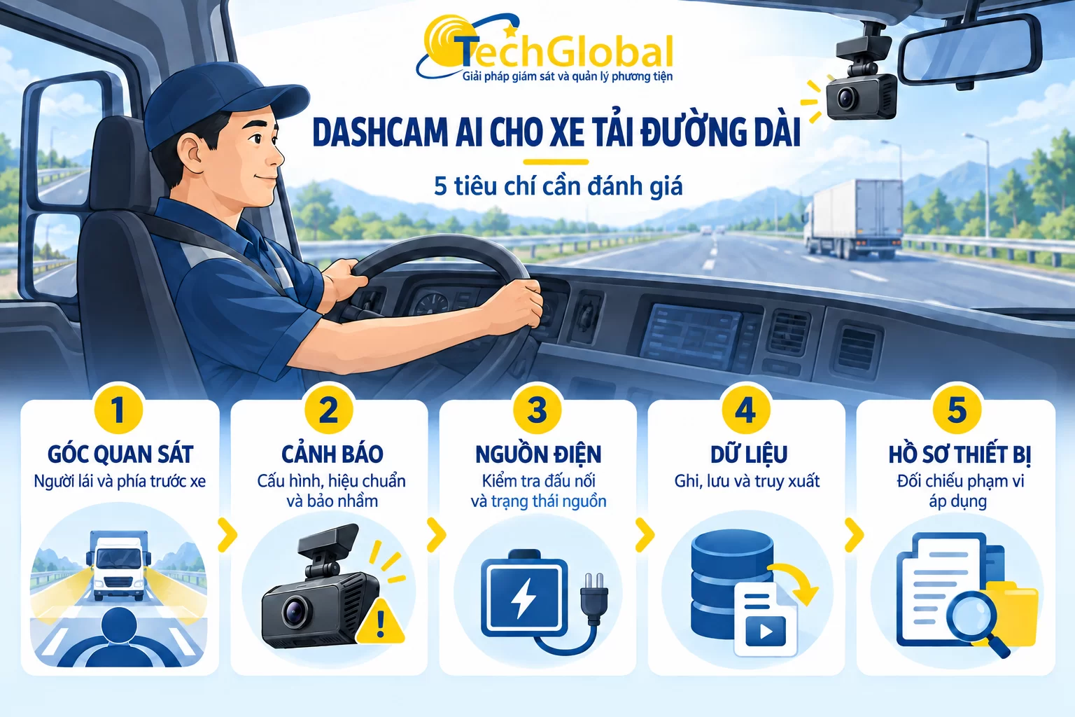 Camera AI cho xe tải đường dài: tiêu chí đánh giá dashcam
