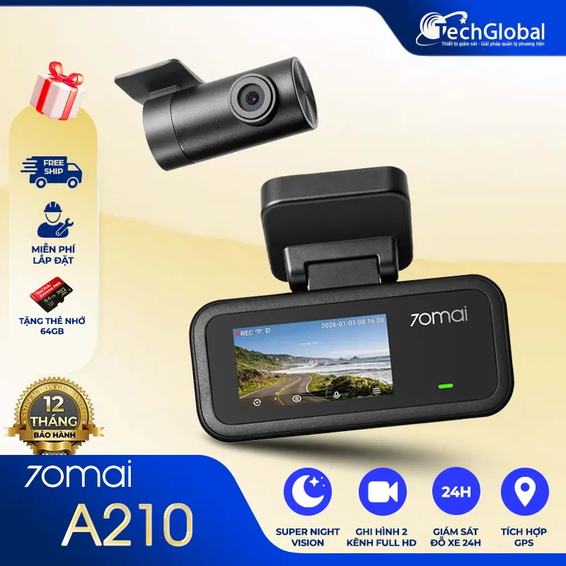 Camera hành trình 70mai A210 giá rẻ ghi hình trước sau, Wifi 6 & GPS tích hợp